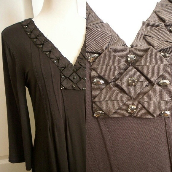 JEWELED DRESS BOHO FLUTTER SLEEVE TIE BACK BROWN SMALL WOMENS SMALL NWOT - Picture 2 of 3